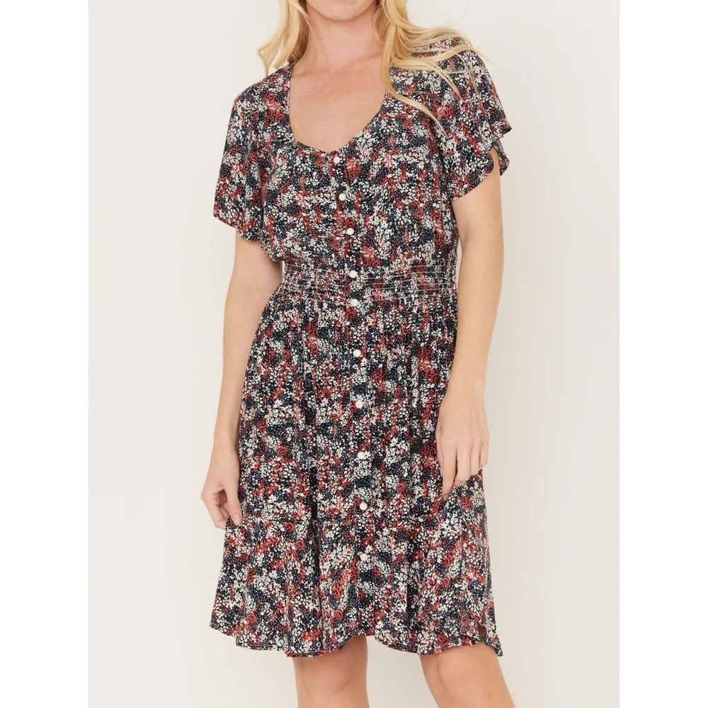 Wrangler Retro Womens Floral Smocked Waist Button‎ Front Dress Blue Red Medium